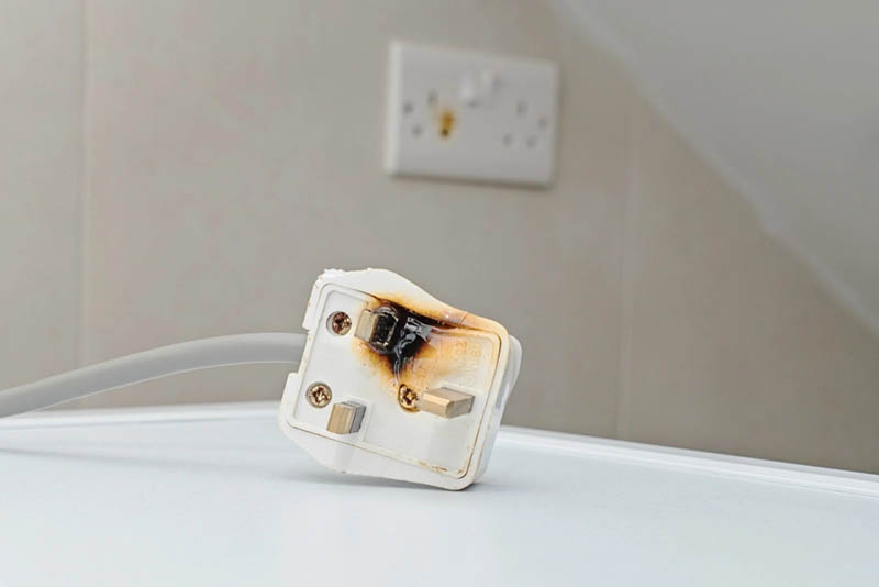 A burnt-out three-pin plug. There is burn damage and melted plastic on the casing. Electric Space Heater Safety Tips